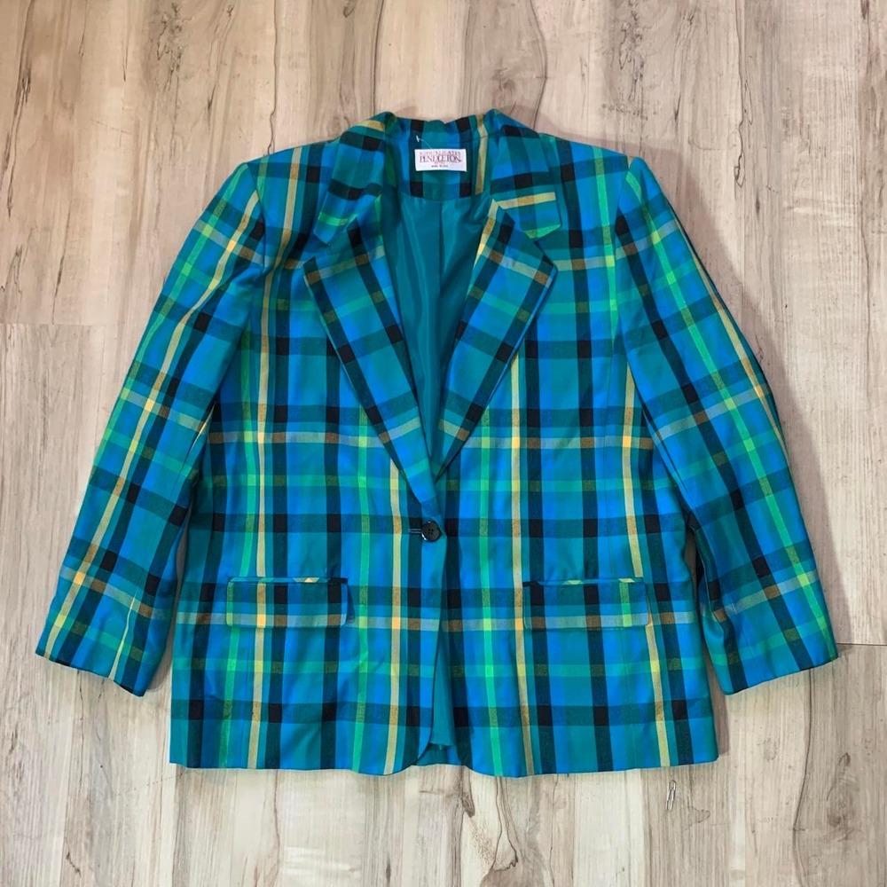 Sophisticates by Pendleton Green Blue Plaid Blazer Jacket Petite 16P Vintage